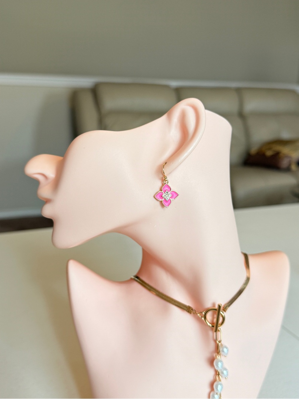 Gold Pink Enamel Flower Drop Earrings with CZ - Picture 3 of 12